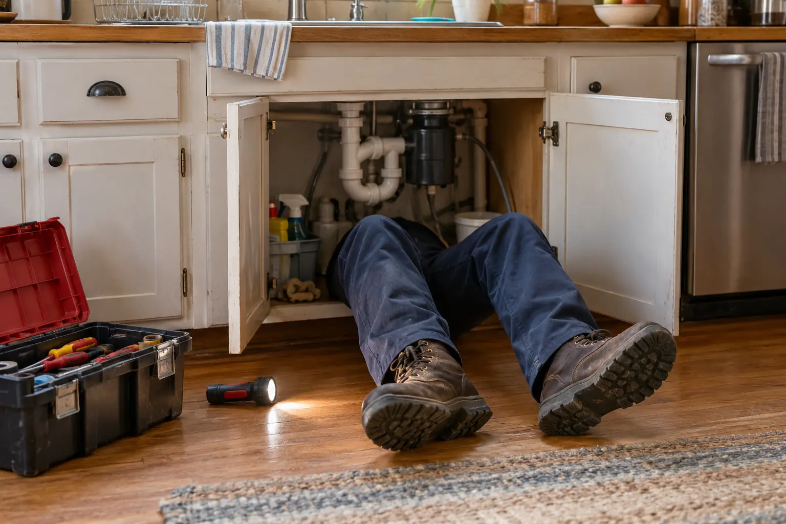 A plumber lying under a kitchen sink fixing a pipe, his toolbox open beside him