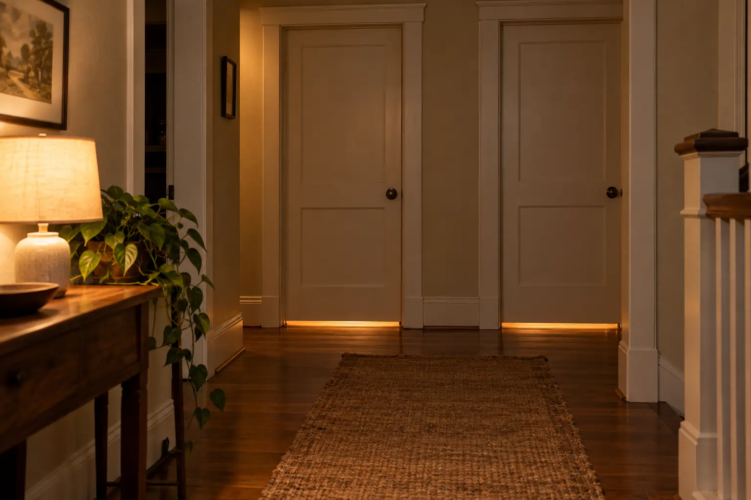 A quiet upstairs hallway at night with lamp light under two closed bedroom doors