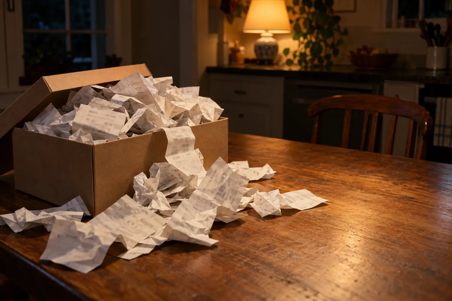 An old shoebox overflowing with paper receipts on a kitchen table