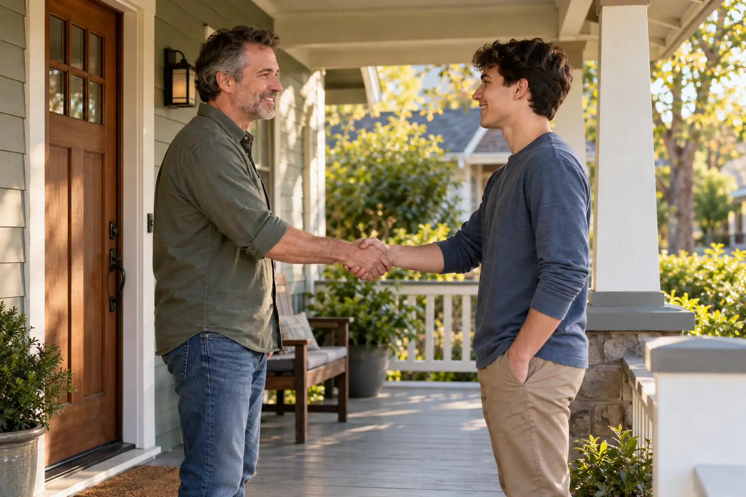 A landlord and a resident shaking hands on a front porch