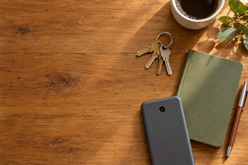A phone, a ring of house keys and a cup of coffee on a wooden table