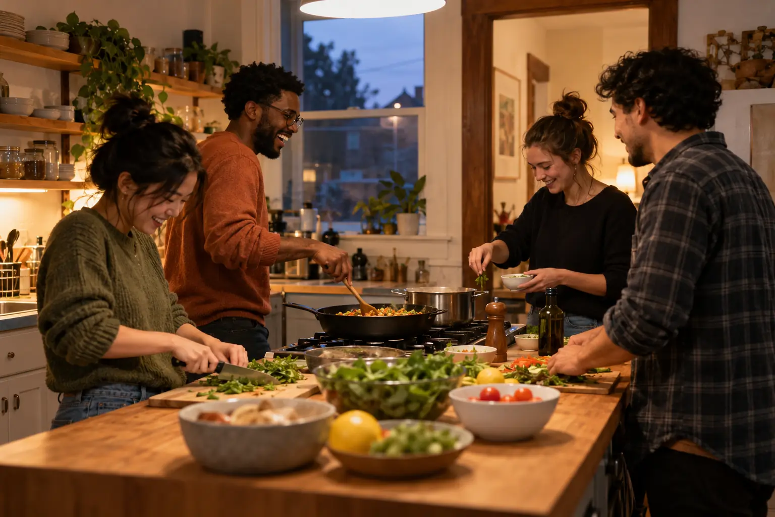 Four housemates cooking dinner together in a shared kitchen