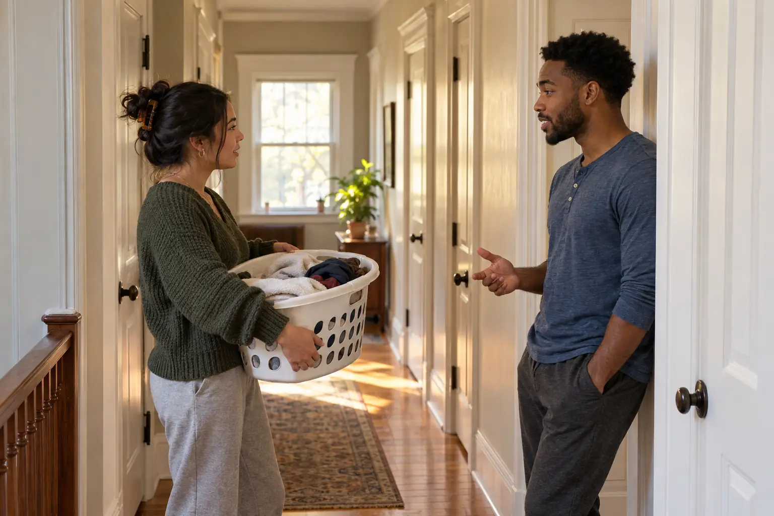 Two housemates talking calmly in a hallway lined with bedroom doors