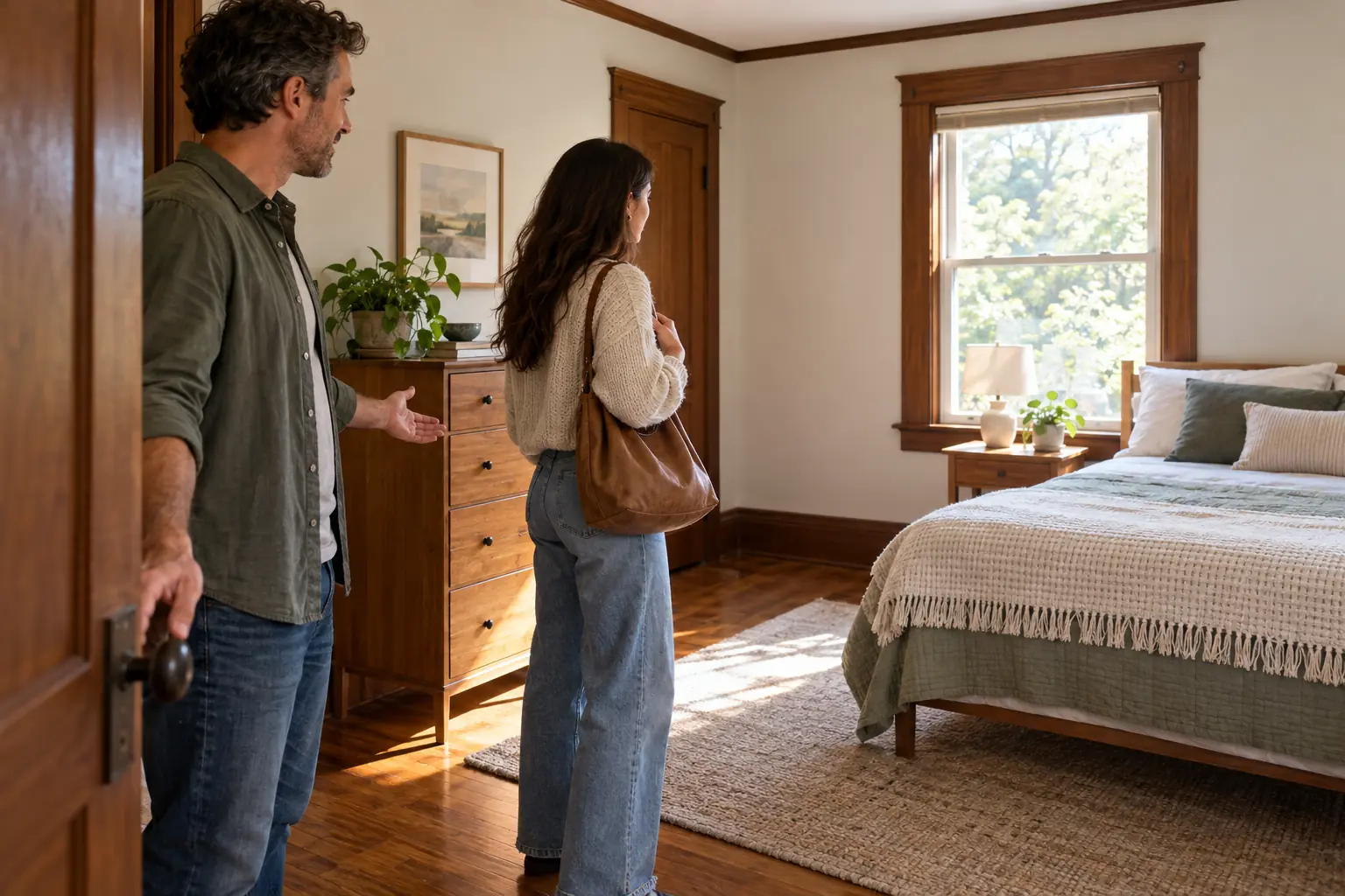 A landlord showing a bright bedroom to a young woman who wants to rent it