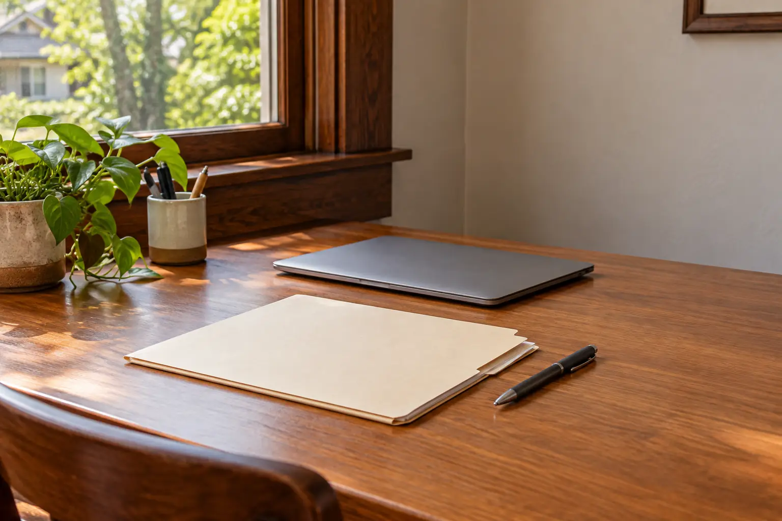 A plain folder, a pen and a closed laptop on a wooden desk by a window