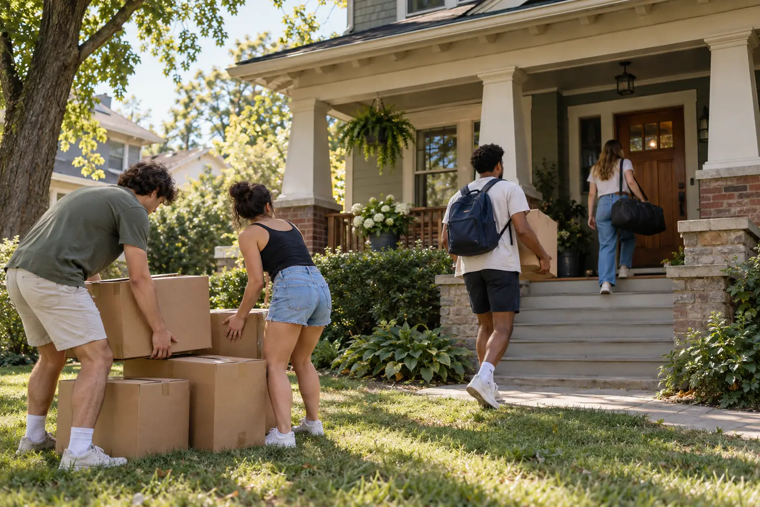 Students carrying moving boxes across the lawn and up the steps of a shared house