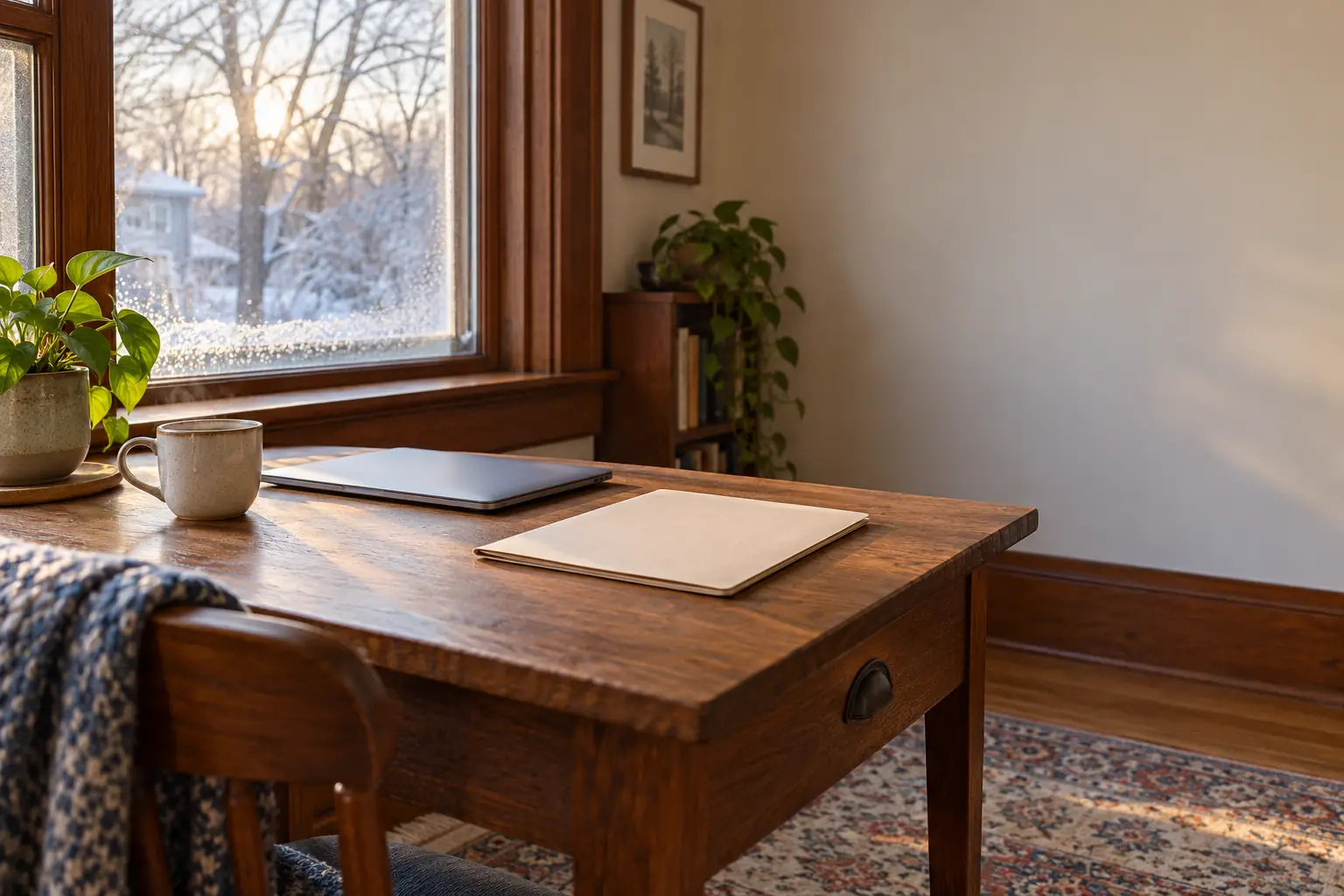 A calm desk with a cup of tea, one folder and a closed laptop by a frosty window
