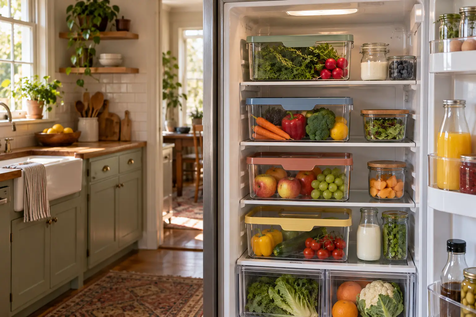 An open fridge in a shared house with one clear bin for each housemate