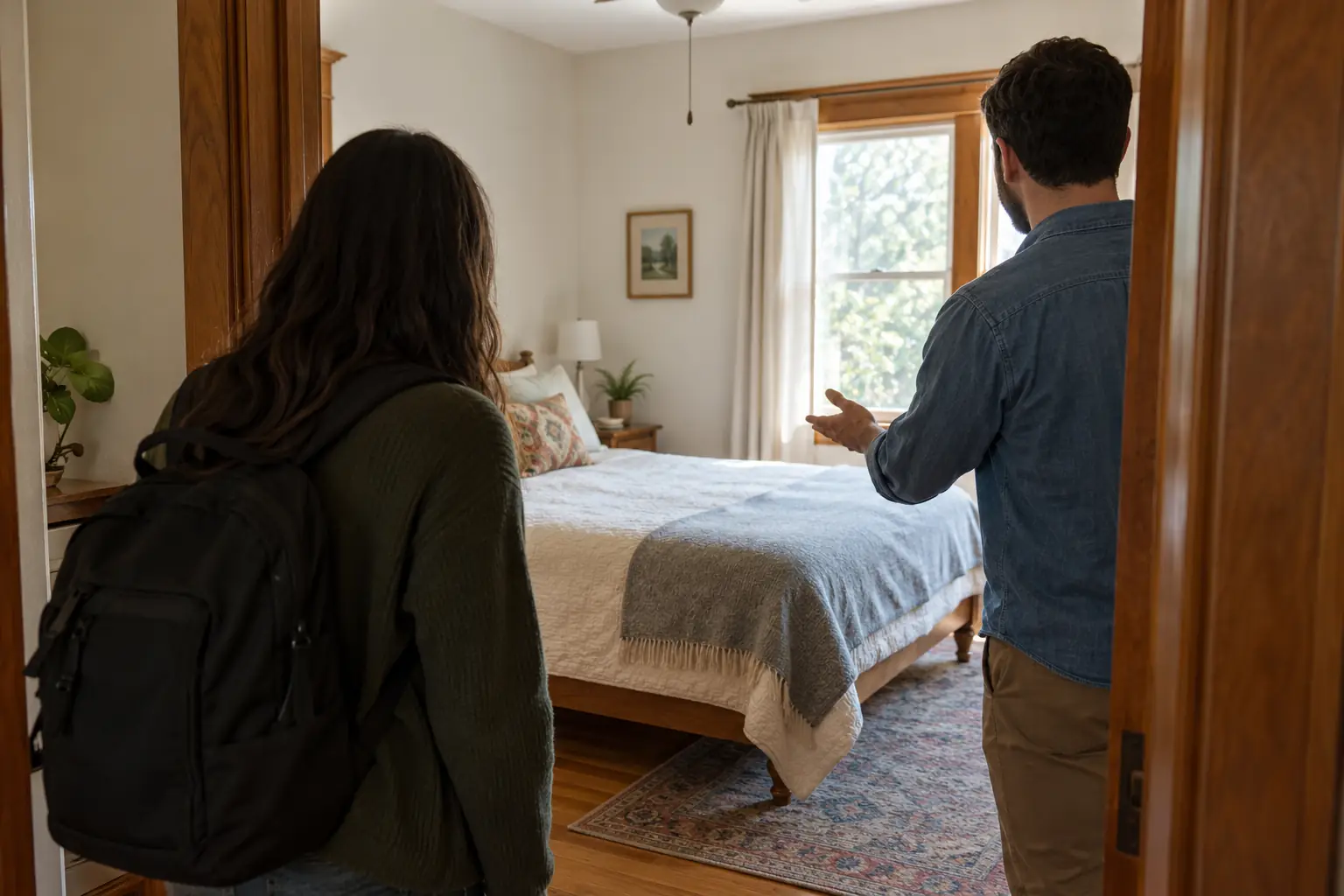 A landlord showing a bedroom to someone who wants to rent it
