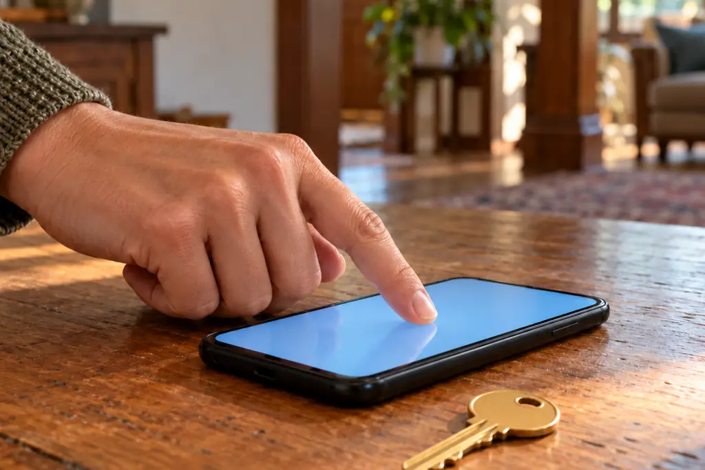 A hand signing with a fingertip on a phone lying on a wooden table
