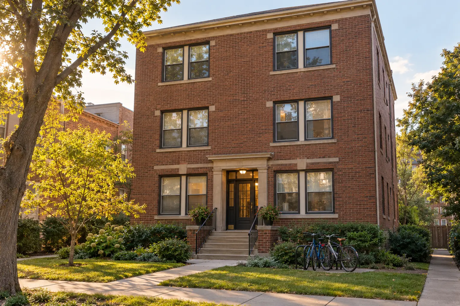A small three-story brick apartment building with a tidy entrance