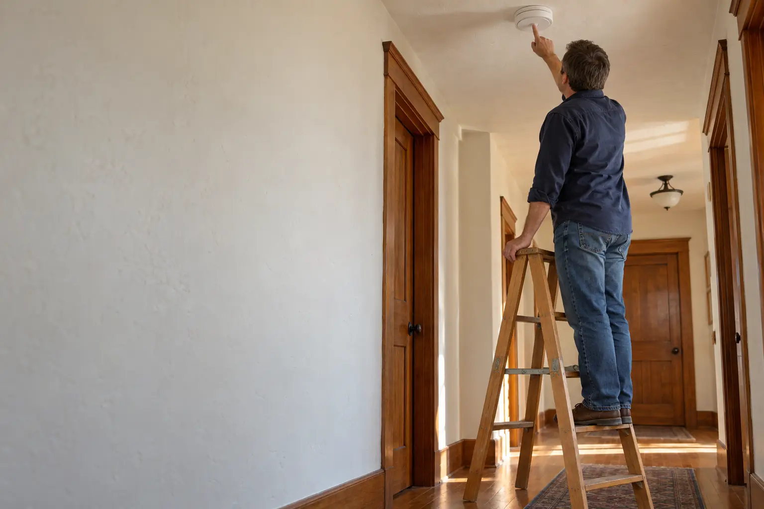 A person on a step ladder testing a ceiling smoke detector