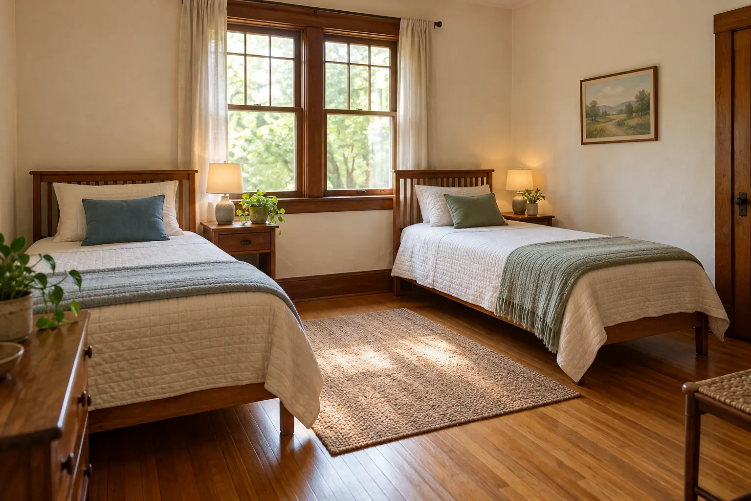 A simple, clean shared bedroom with two neatly made twin beds and a window between them