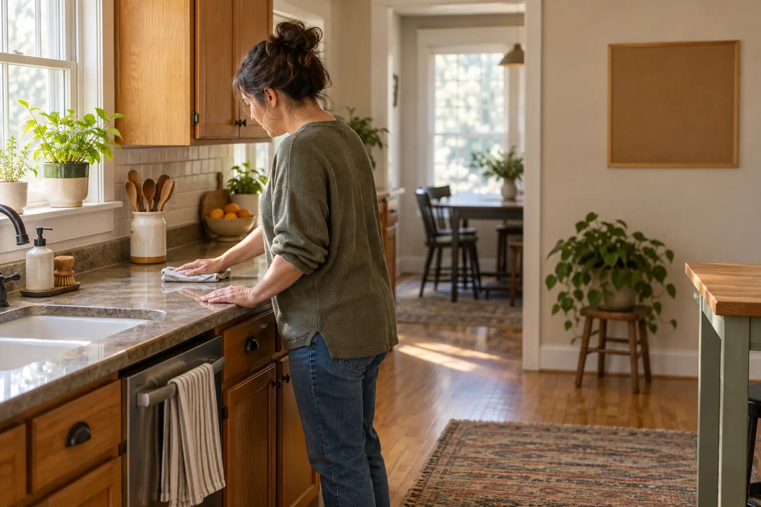 A resident wiping down the kitchen counter in a tidy shared house