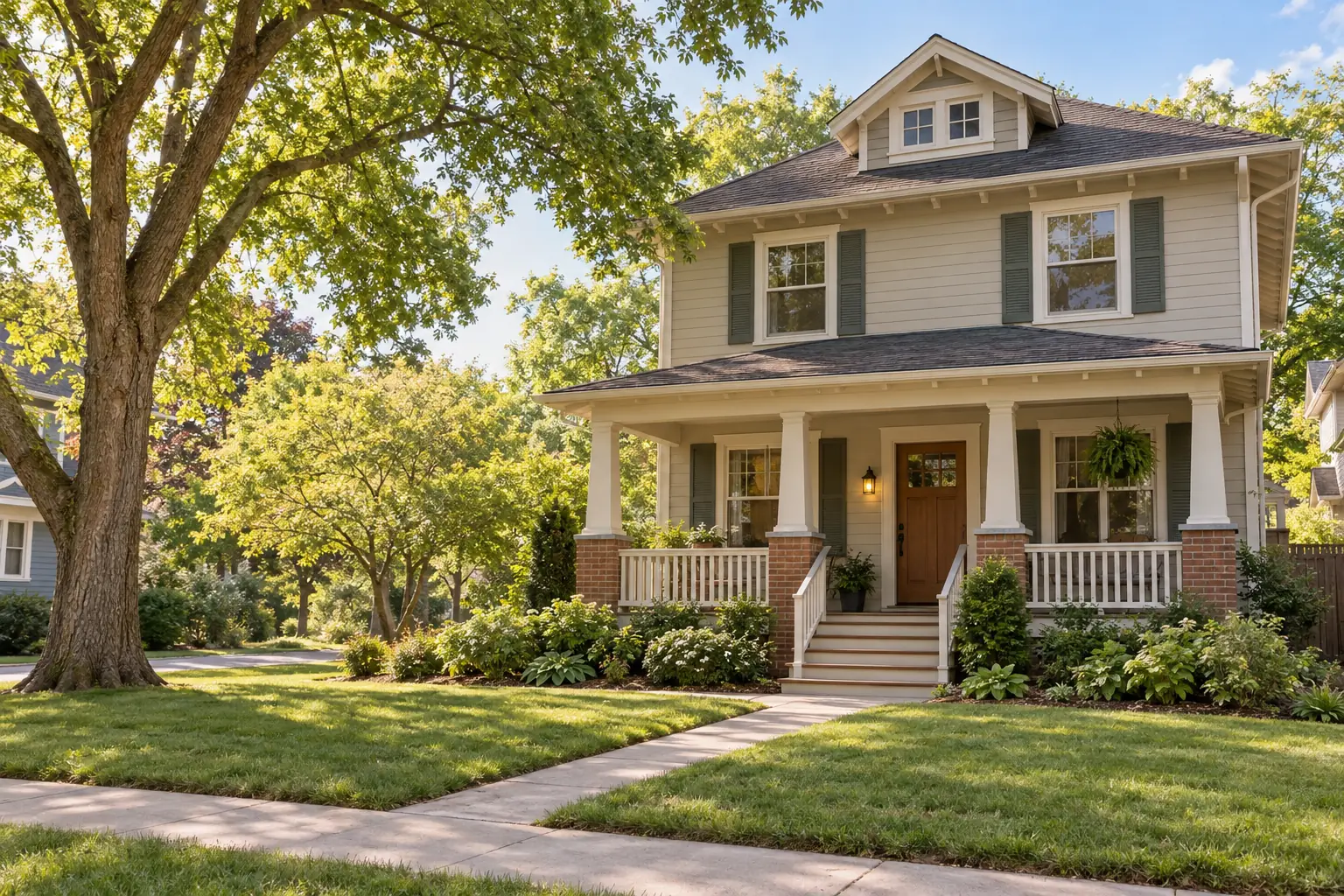 A well-kept two-story house with a front porch on a quiet tree-lined street