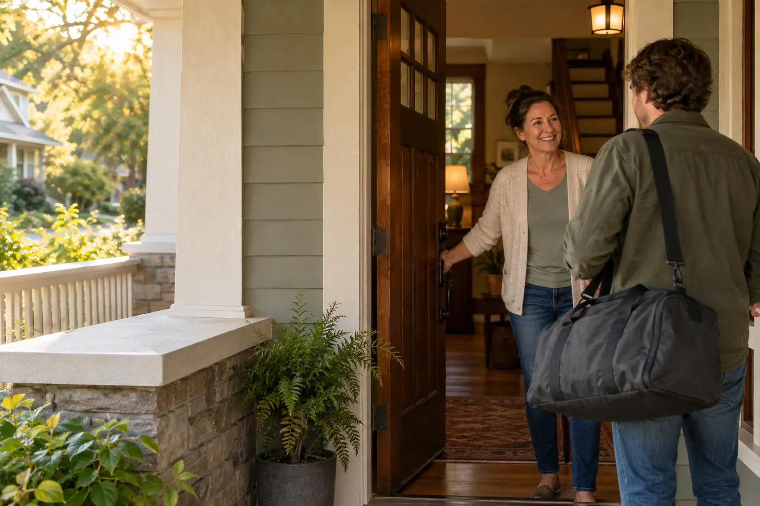 A house manager smiling as she opens the front door to a new resident carrying a duffel bag
