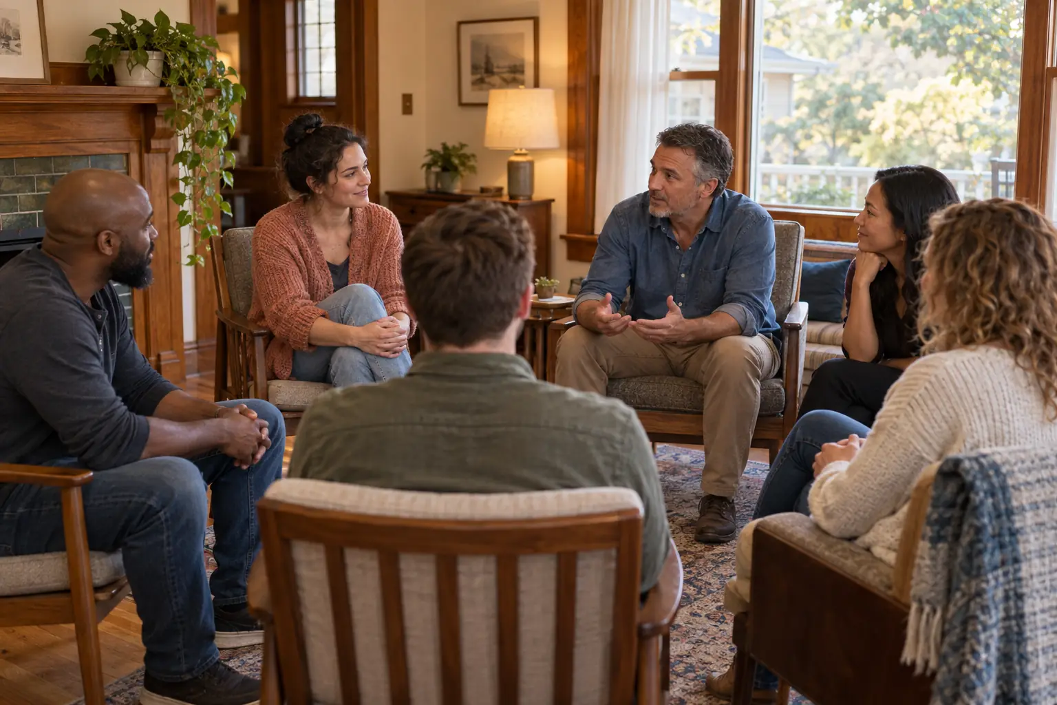 Residents of a shared house sitting in a circle of chairs in the living room for a house meeting