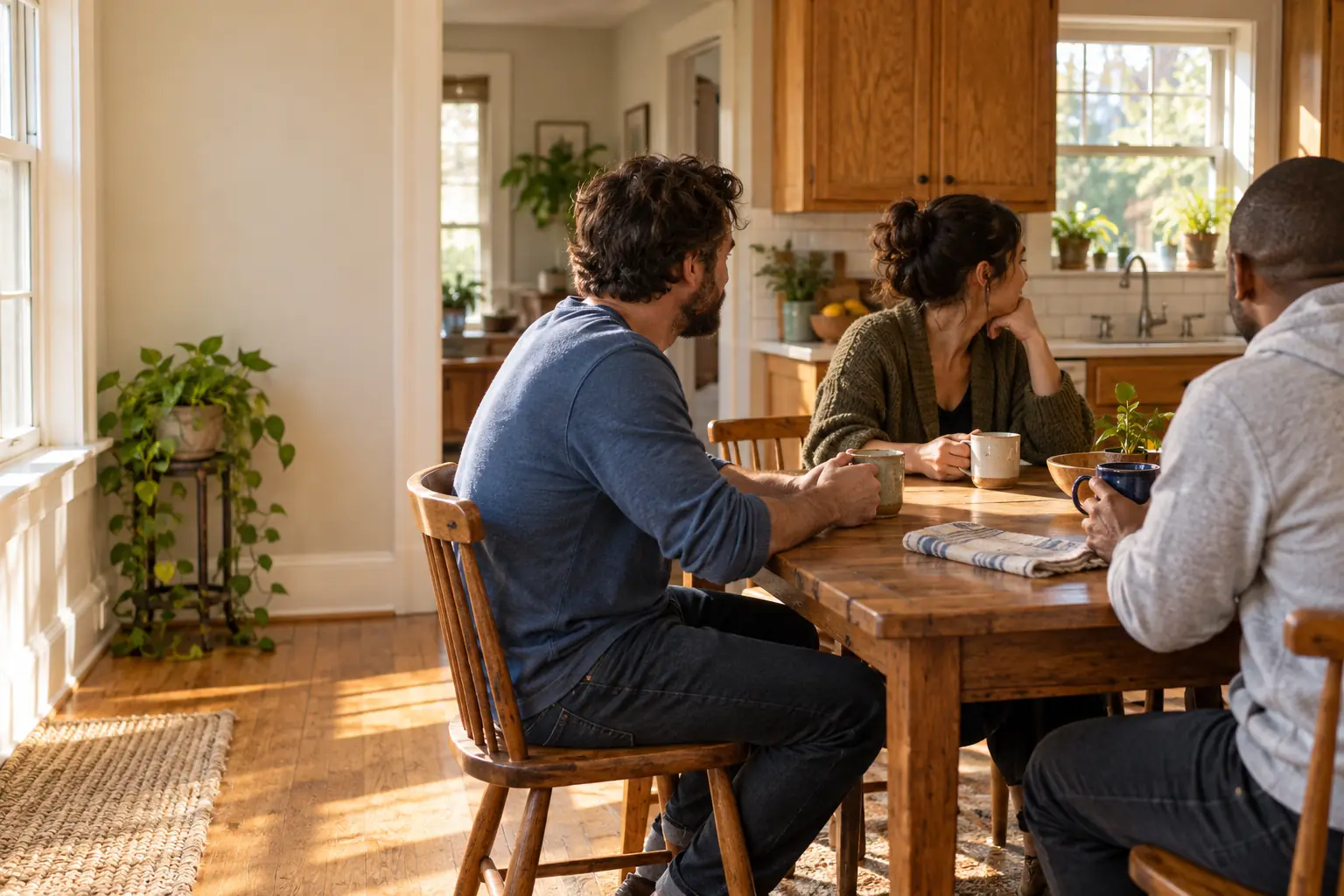 Three residents of a shared house having coffee together at the kitchen table in the morning sun