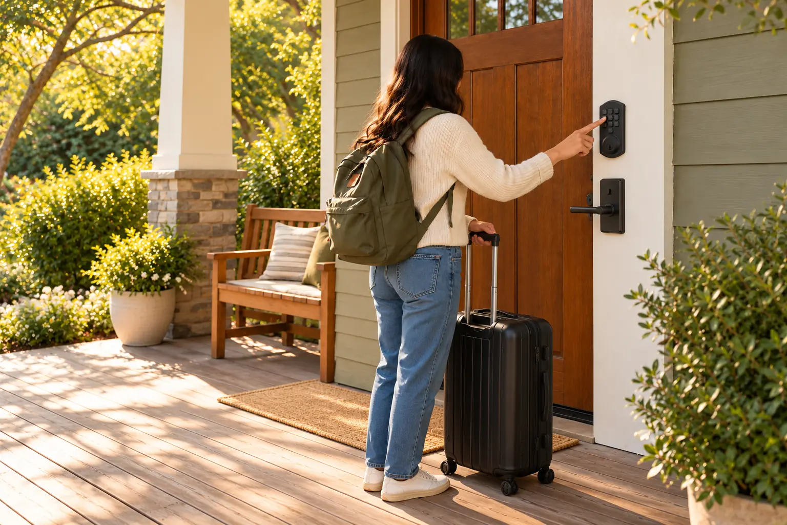 A guest with a rolling suitcase entering a code on the keypad lock of a front door