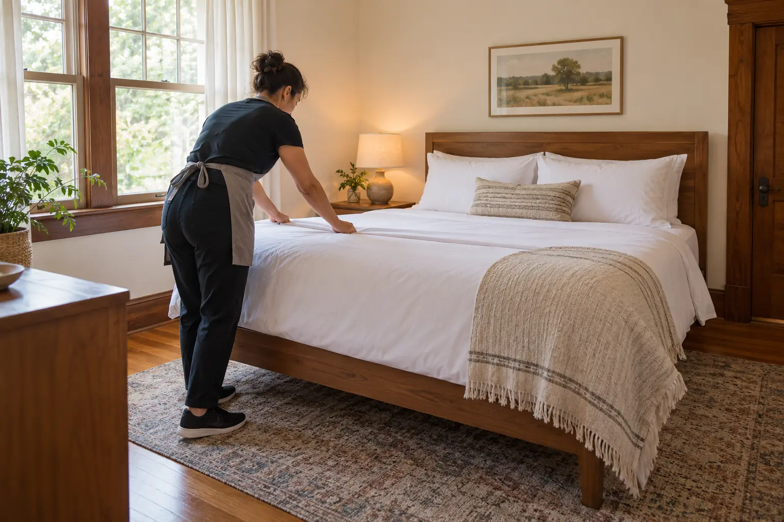 A cleaner smoothing crisp white sheets on a bed in a rented room
