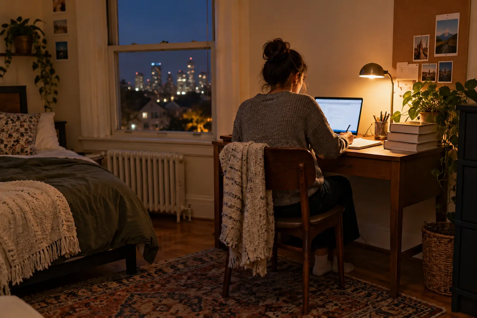 A student studying at a desk in a rented bedroom at night