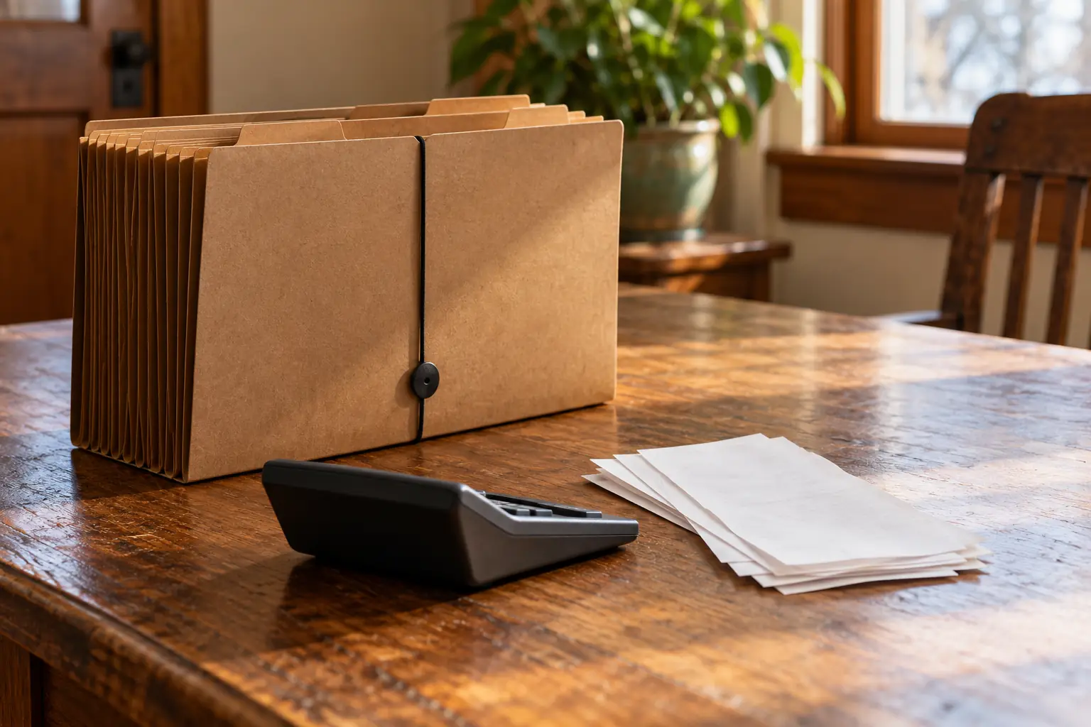 An accordion file folder, a calculator and a stack of receipts on a desk