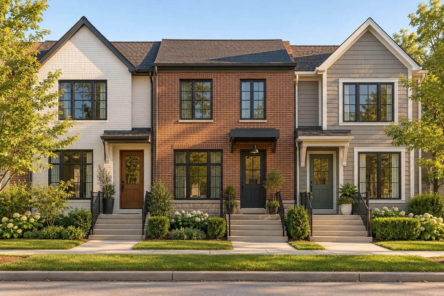 A row of three townhouses with small front steps and planters