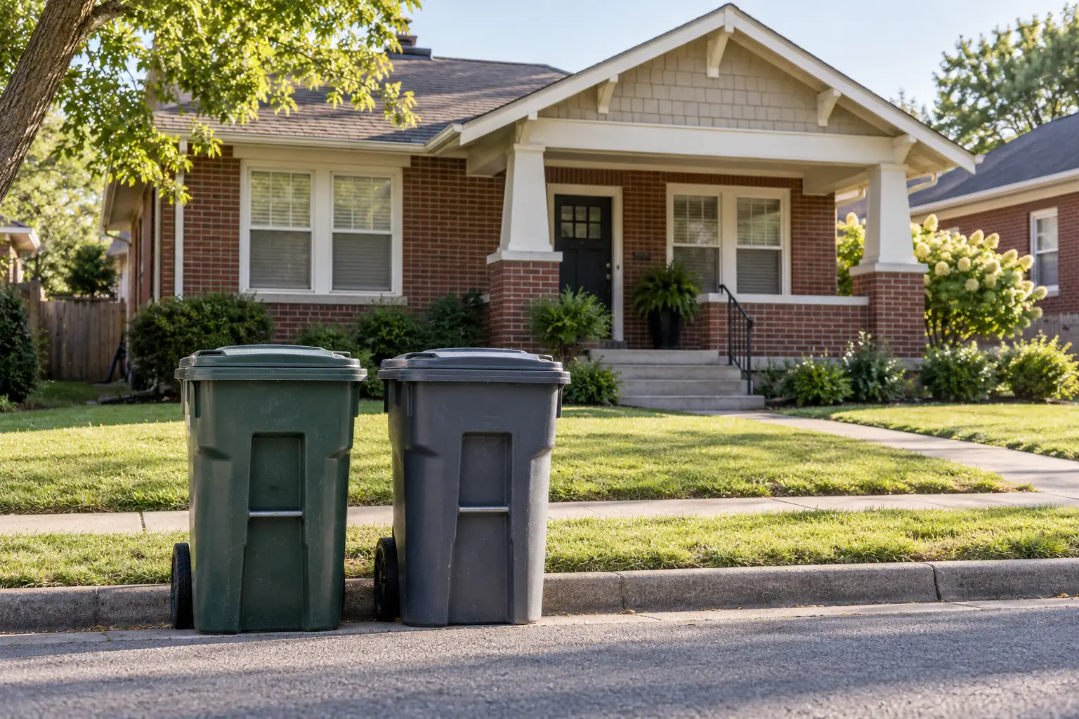 Two trash bins set out at the curb in front of a brick house on collection morning