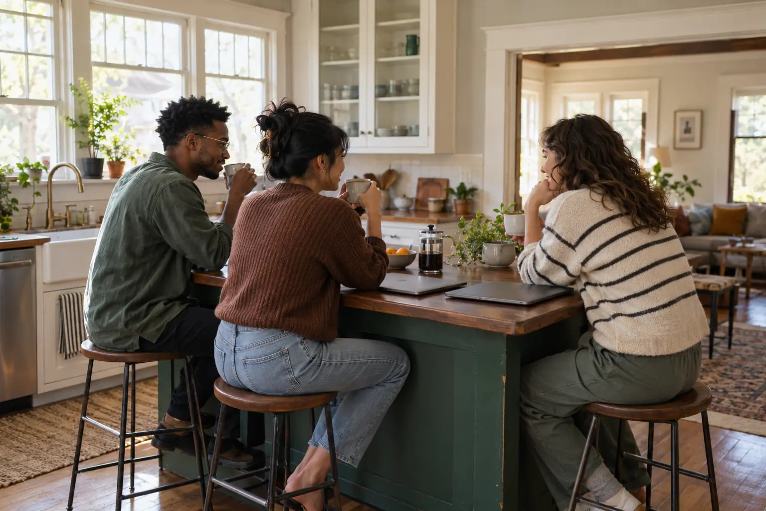 Three housemates having coffee together at a shared kitchen island
