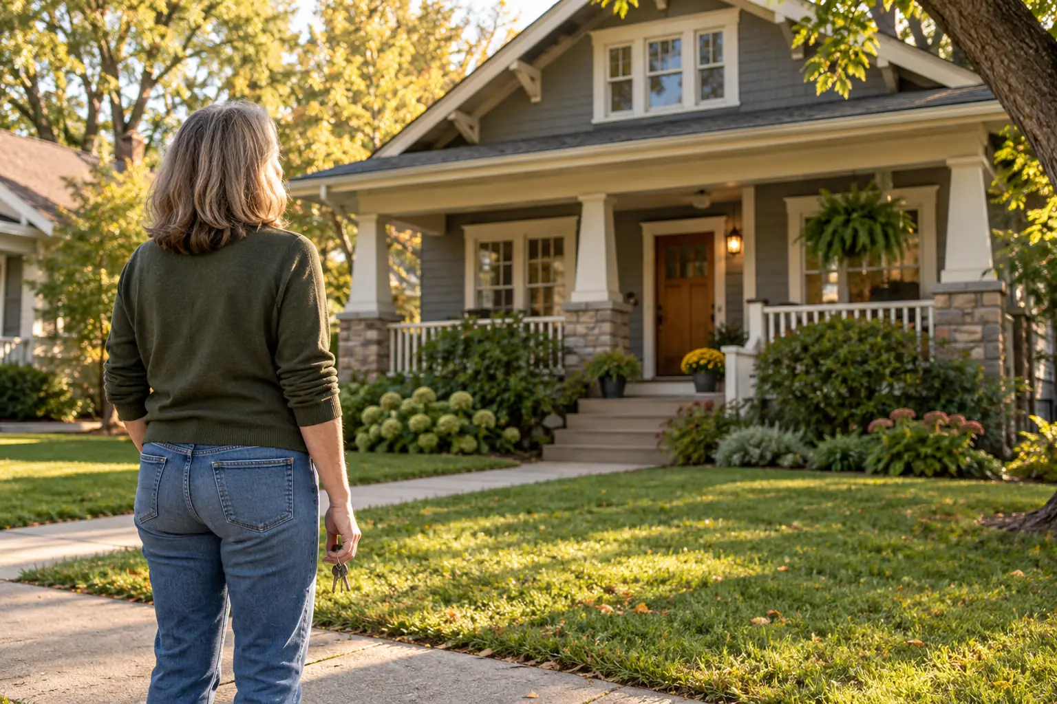 A woman on the sidewalk looking at a house she rents out