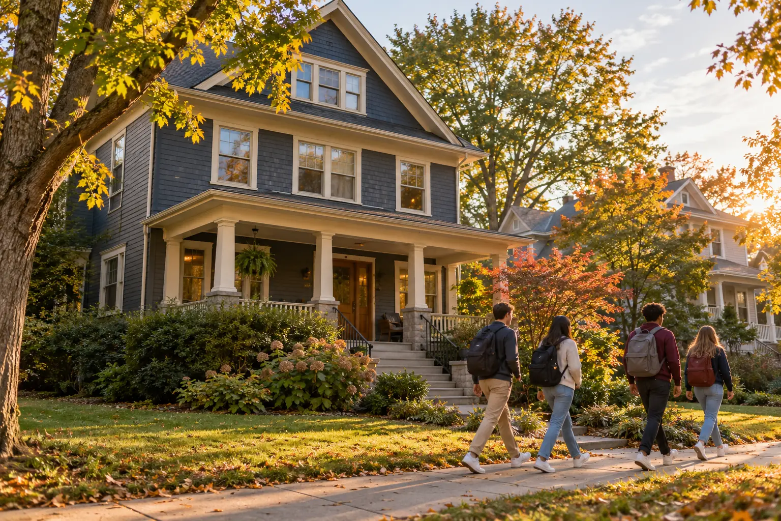 Students with backpacks walking past an older three-story house near campus in the fall