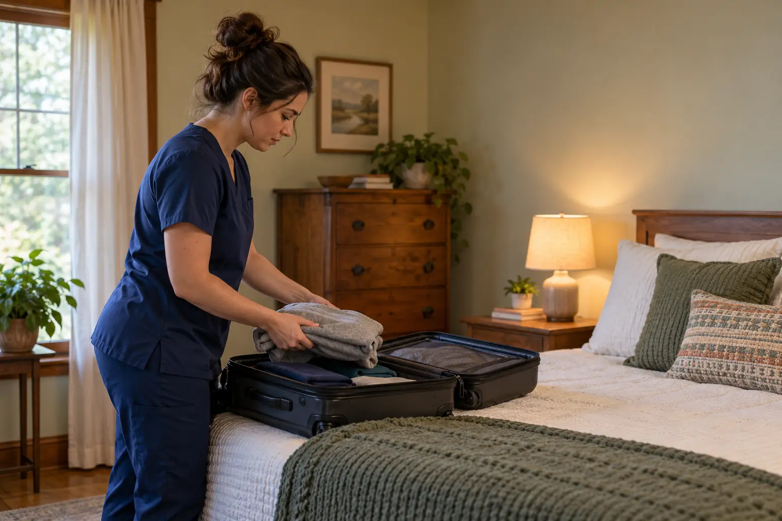 A nurse in navy scrubs unpacking a suitcase in a furnished bedroom