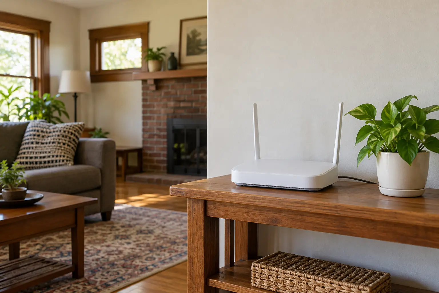 A home wifi router on a living room shelf beside a small plant
